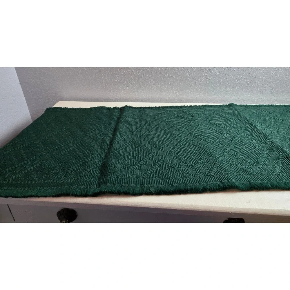 Handwoven Forest‎ Green Geometric Diamond Pattern Fringed Table Runner Rustic
